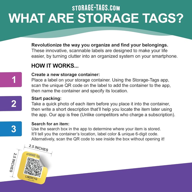 STORAGE-TAGS QR Code Storage Tags (Multicolored) - Smart Stickers - Tracking Labels for Totes - Scan Storage Bins & Containers - Moving House - Track Inventory - Android and iOS App - Pack of 60 - Image 3